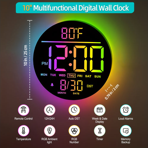 A Large 10-Inch Digital Wall Clock with 10-Inch Featuring RGB Colors, Remote Control - product gallery image 2