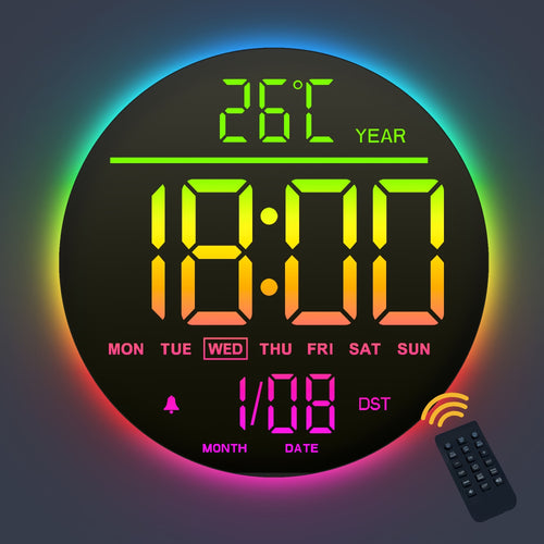 A Large 10-Inch Digital Wall Clock with 10-Inch Featuring RGB Colors, Remote Control