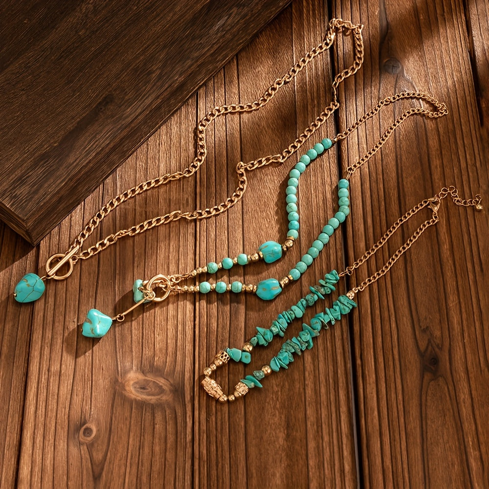 A set of three bohemian turquoise beaded with stacked necklaces women, as accessories - product gallery image 2