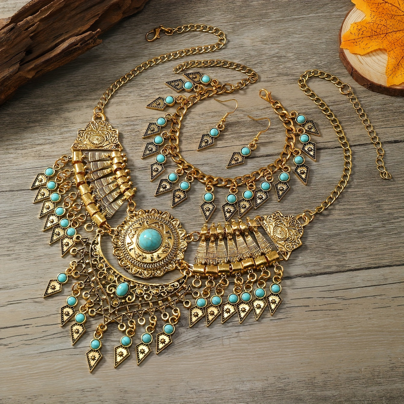 A Stylish Three-Piece Set Featuring a Three-Piece Vintage Multi-Layer Necklace - Ancient Golden Blue option