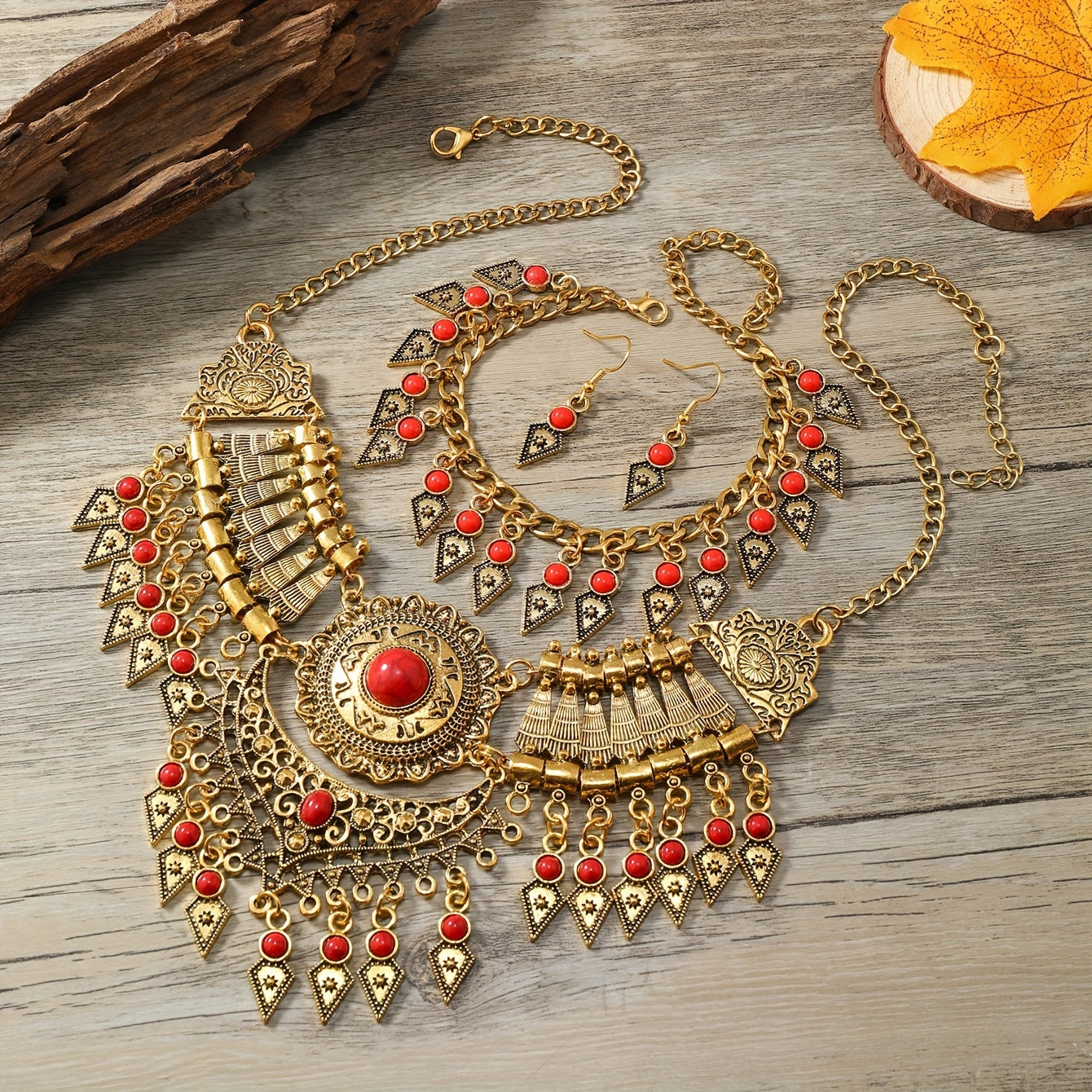 A Stylish Three-Piece Set Featuring a Three-Piece Vintage Multi-Layer Necklace - Ancient Golden Red option
