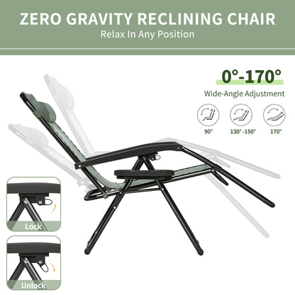 2pcs Zero Gravity Chairs, Fabric Foldable Patio Chairs Outdoor, Lounge Camping Chairs with Padded Pillow, Armrest, Footrest and Cup Holder - Textilene Fabric