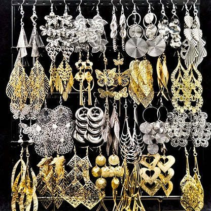 [Women's Jewelry Set] 6/12 Pairs/Bag Women's Jewelry Set - Retro Fashion Elegant Hollow Out Multi-Layer Pendant Earrings - Butterfly Leaf Geometric Shape Exaggerated Bold Design - Suitable for Parties And Casual Parties Gifts - Mixed Layered Hanging Women