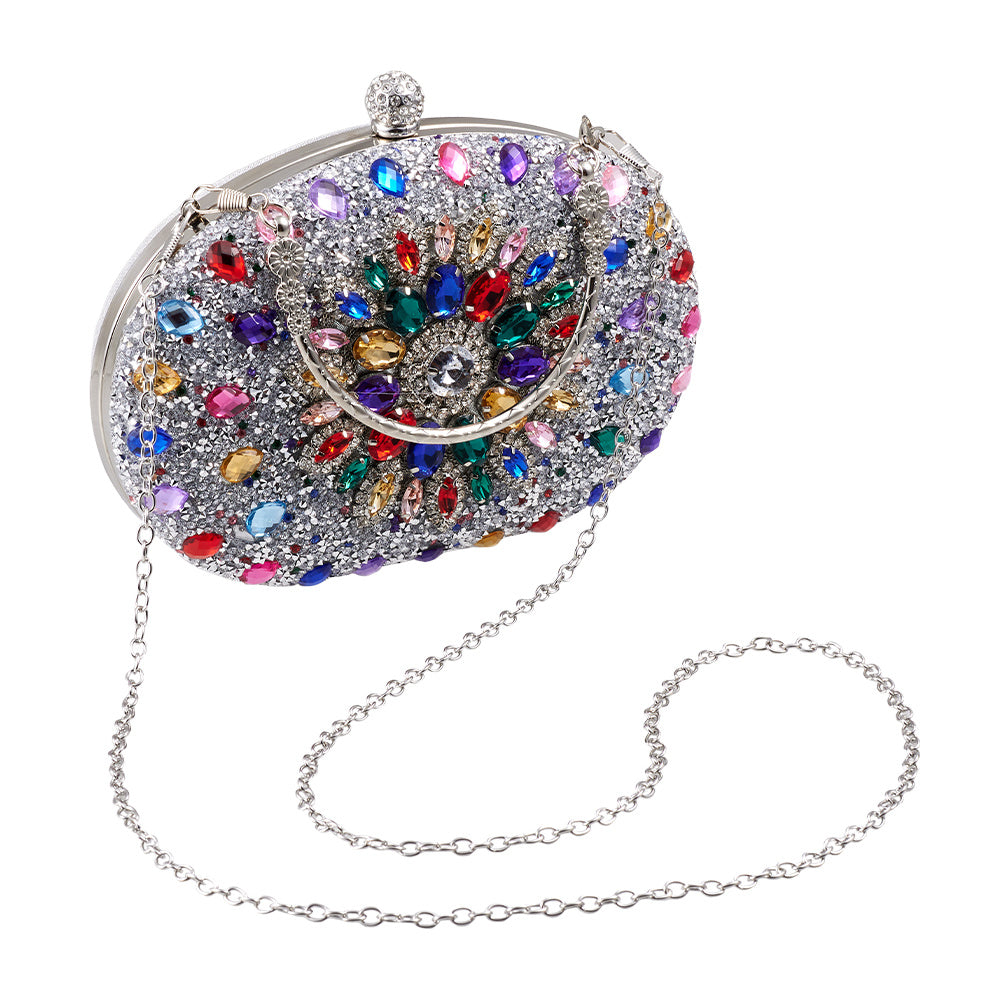 Women Evening Bag Multicolor Clutch Bag Luxury Crystal Handbag Bridal Wedding Purse Glitter Shoulder Bag with Detachable Chain Banquet Party Prom Crossbody Bag Gold-Multicolour, Green/ Gold/ Silver