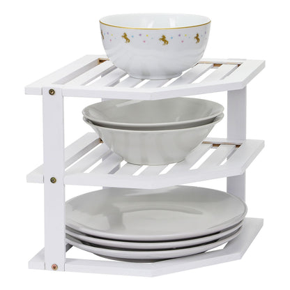 Bamboo Cabinet Shelf Organiser - 3 Tier Corner Shelf for Kitchen & Bathroom Countertop Cabinet Organiser Plate Rack Tidy Cupboard Shelf Insert Storage Organisation