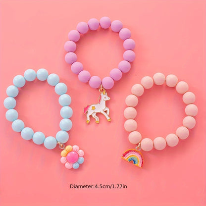 3pcs Cute Minimalist Unicorn Sunflower Rainbow Beaded Bracelets for Girls' Daily Wear