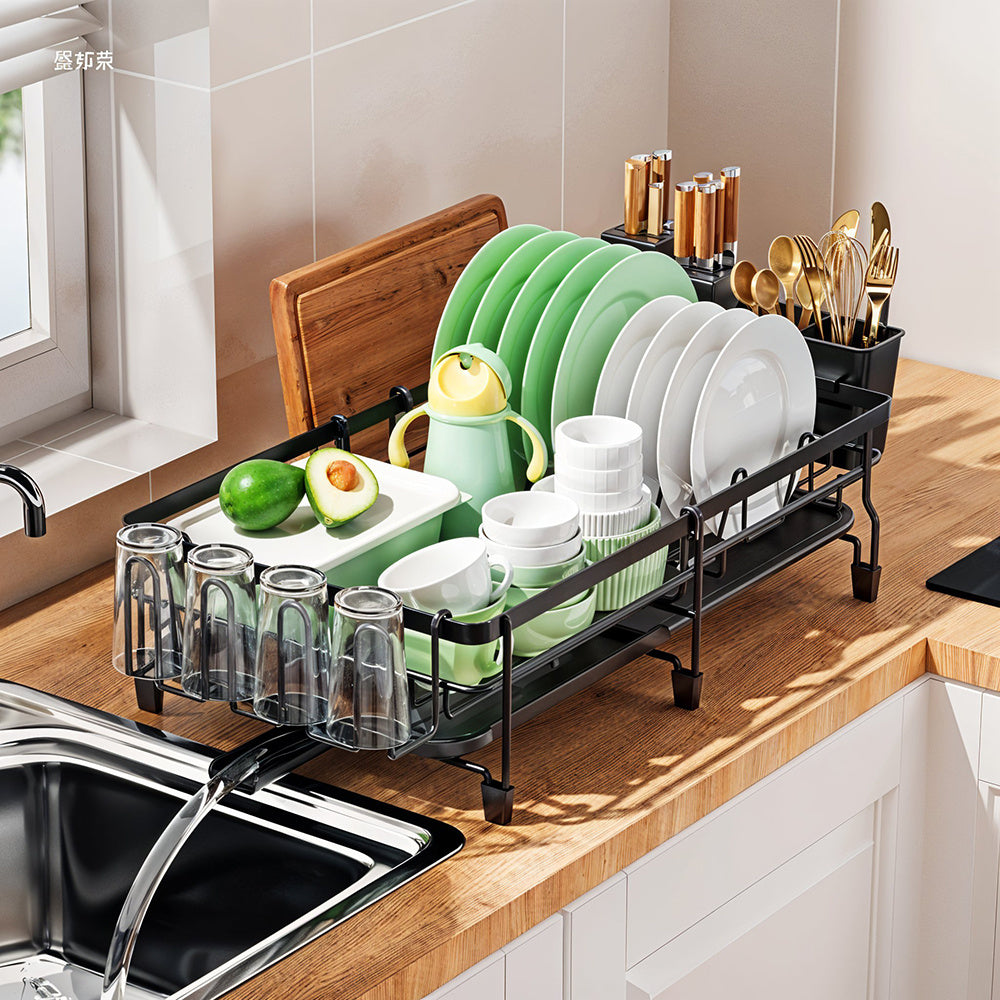 Adjustable Multi-Functional Dish Drainer Rack for the Kitchen, Wrought Iron Kitchen Utensil Rack, Large Capacity Storage Organiser with Drain Board, Utensil Rack, and Cup Hooks, Foldable Design to Save Space, Ideal for Drying Plates, Bowls, Pots, and Uten