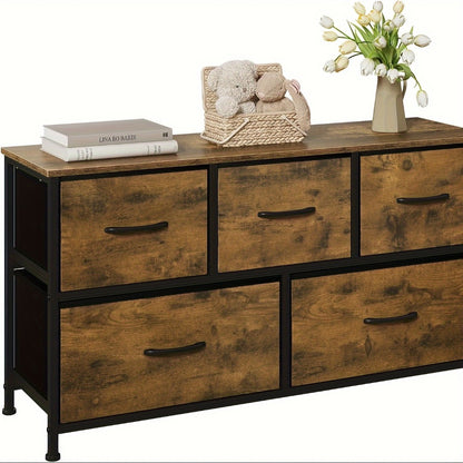 5-Drawer Fabric Chest of Drawers with Metal Frame – Vintage Wood Look Sideboard & TV Cabinet for Living Room, Bedroom & Hallway, Black