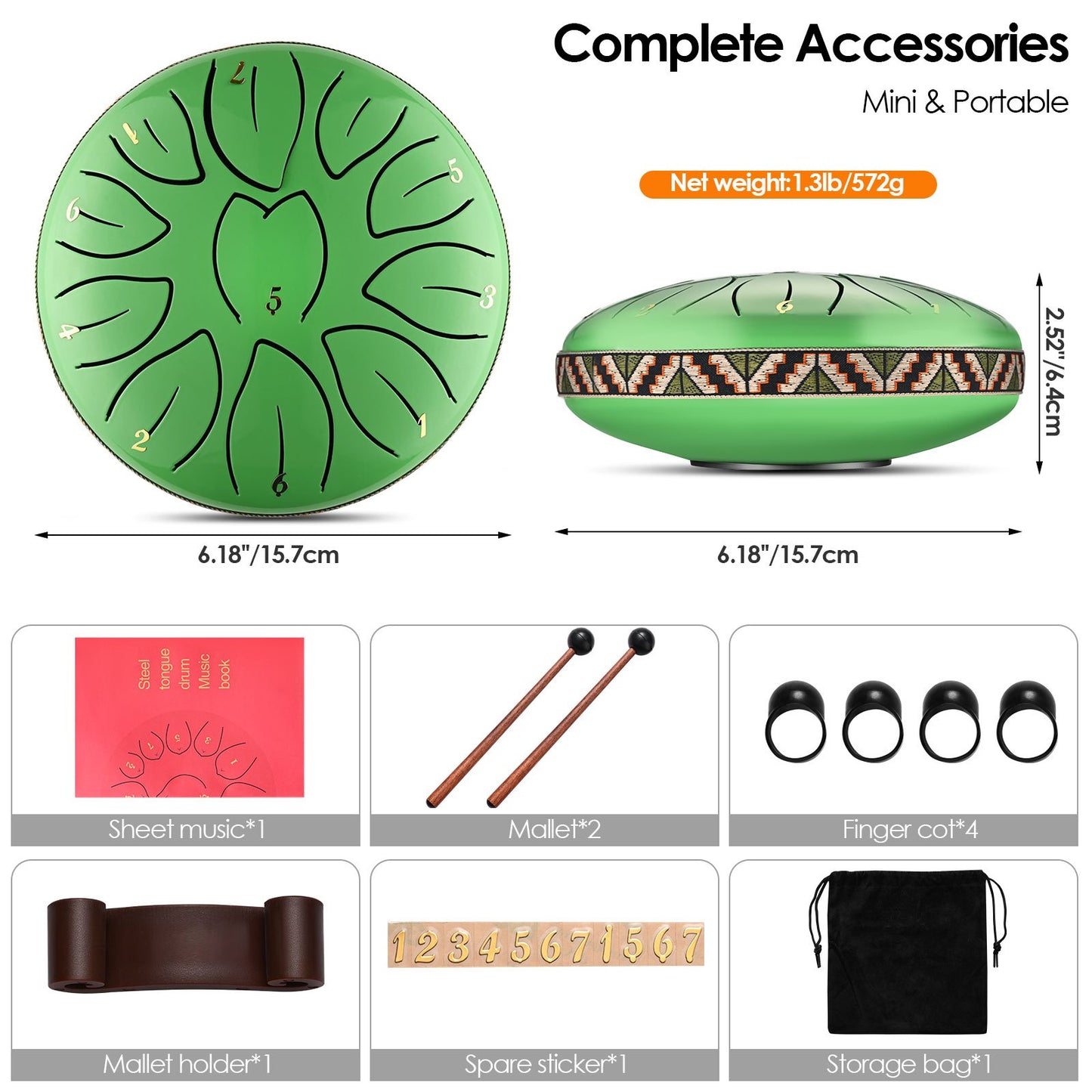 Steel Tongue Drum, 6 Inch 11 Tone Hand Pan Drum, Beginner Percussion Instrument with Carry Bag, Fingerpick, and Mallets for Meditation Yoga Sound Healing
