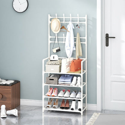 Metal Clothing Rail Rack, Multi Fucntional Coat Hat Stand With Shoe Rack Non Woven Fabric Shelves, Entryway Hall Tree with Bench and Shoe Storage Clothes Rack Hanging Rail Coat Hanger Home Freestanding Coat Rack Hanging Clothes Rack for Clothes, Coats, Sk
