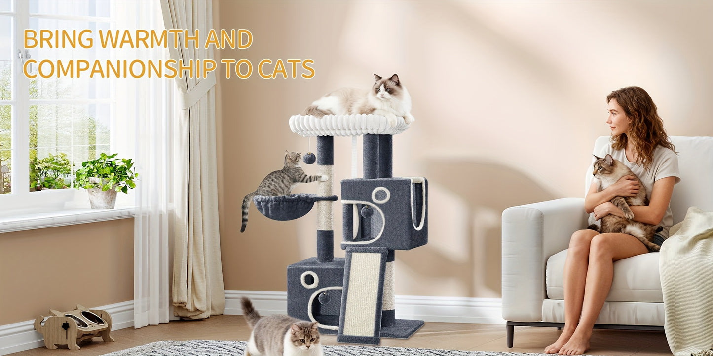 98cm Cat Tree, Cat Tower for Indoor Cats, Multi-Level Cats House Furniture with Scratching Post, 2 Caves, Large Platform, Scratching Ramp, Pompom, Light Grey