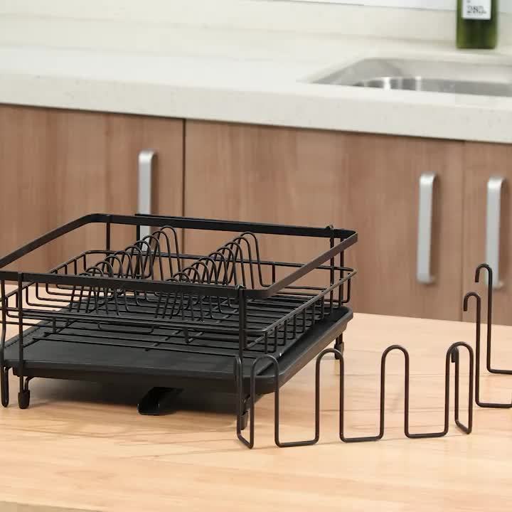 1pc Expandable Dish Drainer Rack Adjustable Dish Rack Foldable Dish Drying Rack with Removable Cutlery Holder Swivel Drainage Spout Anti-Rust Plate Rack for Kitchen Black