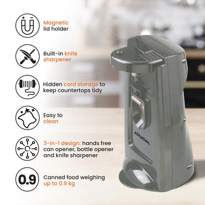 Schallen Electric Can Opener Automatic 3-in-1 Kitchen Appliance with Hands-Free Can Opening, Built-In Bottle Opener & Knife Sharpener | Electric Tin Opener for Easy Opening Cans, Jars, and Bottles | Hidden Power Cord Storage | Stainless Steel Durable Kitc