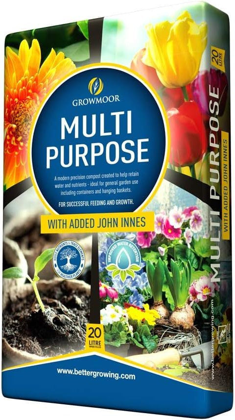 Growmoor Multi-Purpose Compost 20L With John Innes Soil Fertiliser Provides Root Development Improves Water Retention for Garden Containers Hanging Baskets