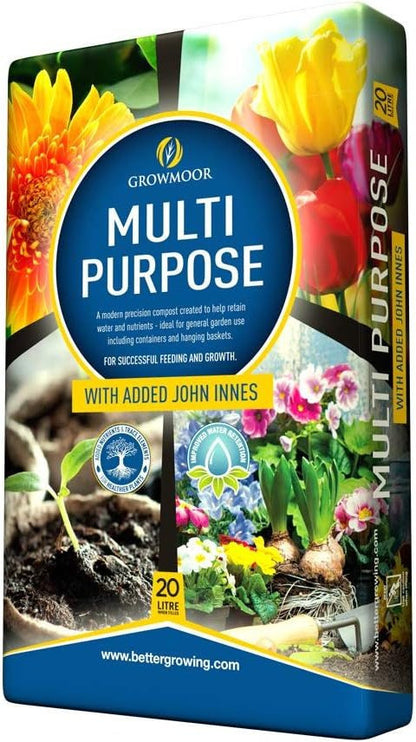 Growmoor Multi-Purpose Compost 20L With John Innes Soil Fertiliser Provides Root Development Improves Water Retention for Garden Containers Hanging Baskets