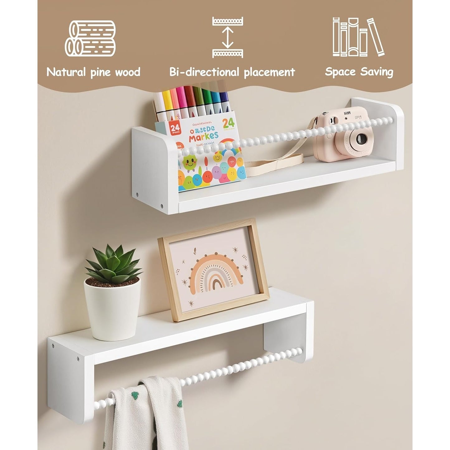 40cm Set of 3 Shelves Floating Book Shelf for Wall, Shelves for Bedroom Bookshelf Pink Room Decor, Solid Wood Small Organizer With Wooden Bead Design
