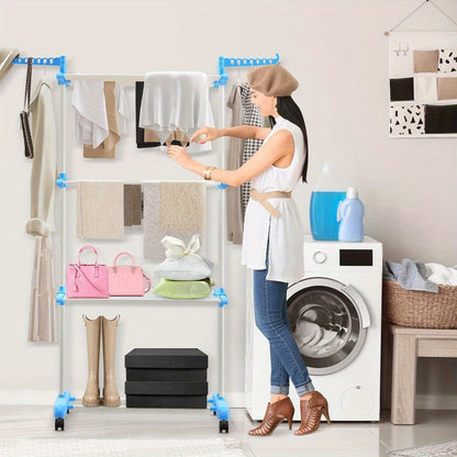 Clothes Drying Rack 4 Tier Foldable Airer Laundry Dryer Adjustable Stainless Steel Garment Laundry Racks Heavy Duty Removable Clothes Hanger with Casters for Indoor Outdoor