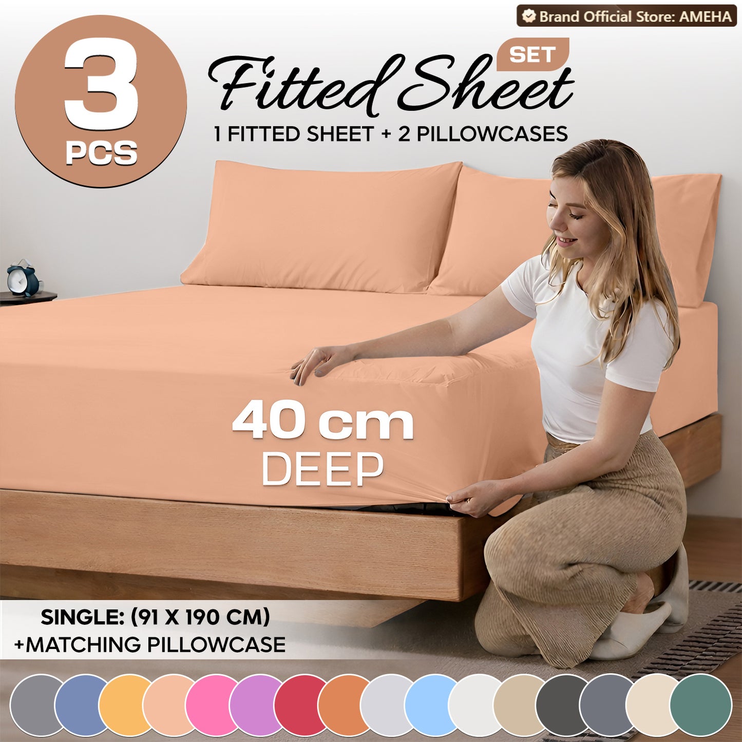 3pcs 40cm Extra Deep Fitted Sheet – Solid Color Soft & Comfortable Bed Sheet with 2pcs Matching Pillowcases, Breathable Fabric Soft Brushed Microfiber Bedding, Machine Washable for Home Bedroom, Hotel