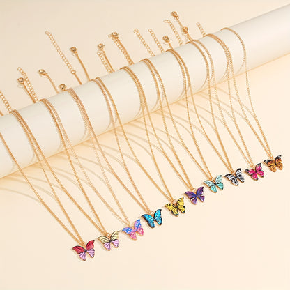 10pcs Set of Fashionable, Elegant, and Minimalist Colorful Butterfly Y2K Pendant Necklaces, Unisex Design Suitable for Vacation, Parties, Dates, Gifts, Daily Versatility, Includes a Greeting Card with Festive Wishes
