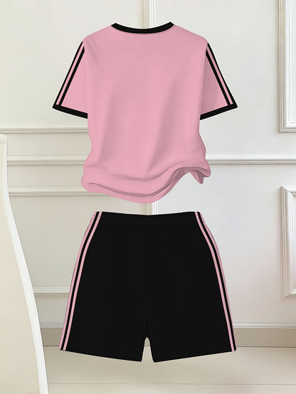 2pcs Set, Easy Bow Print Short Sleeve T-Shirt And Shorts Set, Star Style, Suitable for Spring And Summer, Back-To-School Outfit, Y2K Fashion, Campus Activities, Comfortable Casual, Fashionable And Playful, Hippie Style, Retro Sweet American Style