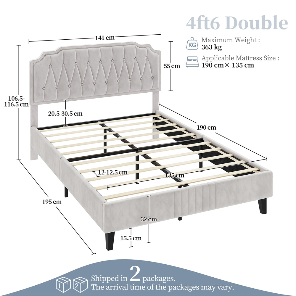 Costoffs Double/King Bed Frame Upholstered Platform Bed with Adjustable Button Tufted Headboard/Velvet Fabric/Mattress Foundation/Sturdy Wooden Slat Support, No Box Spring Needed, Black/Beige/Dark Grey/Light Grey