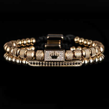 2pcs/Set Charming Bracelet Men'S 6Mm Mesh Bead Bracelet Bead Matching Square Micro-Pave Crown Men'S Bracelet Set