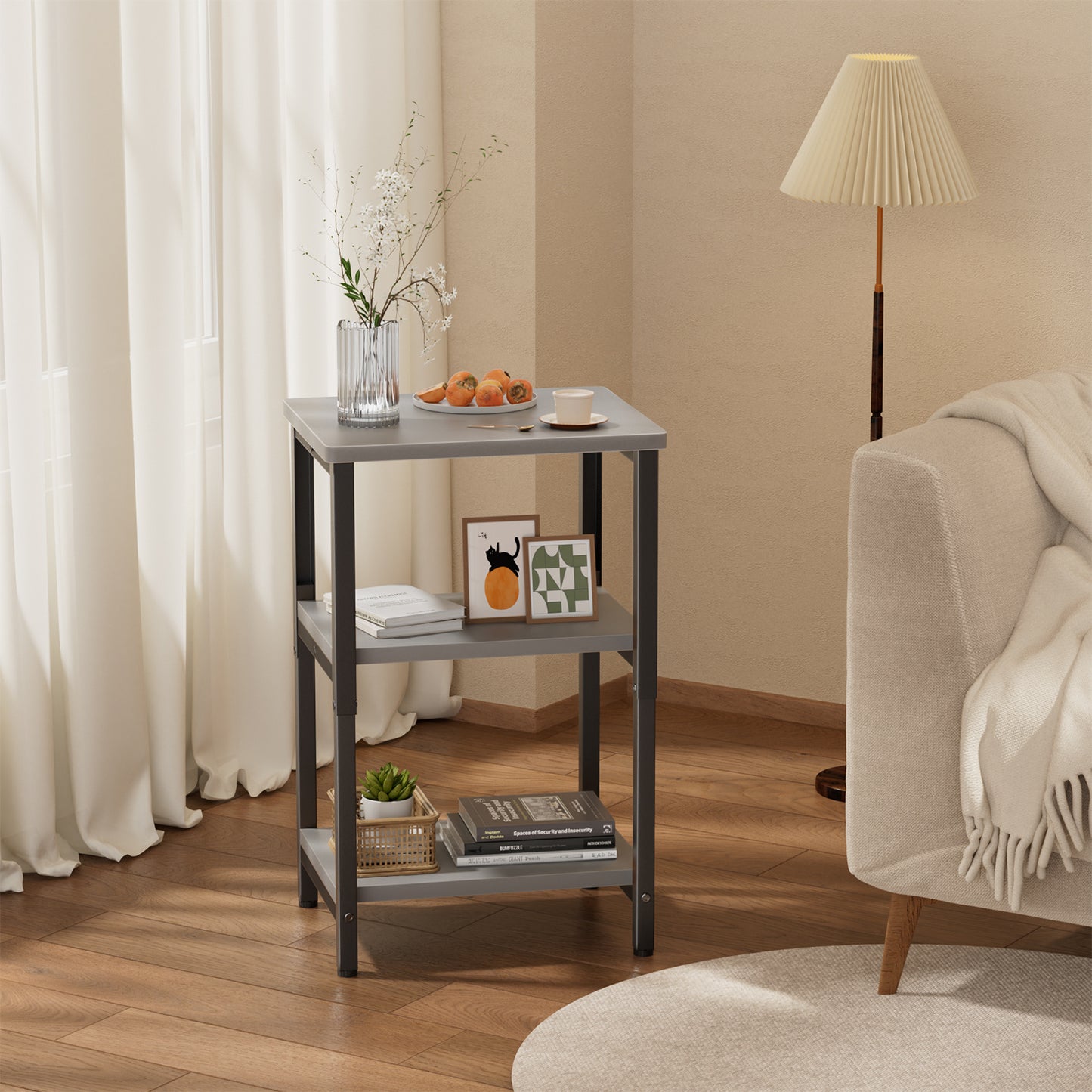 Bookshelf, Sofa Side Table Living Room, Industrial End Table With 3-Tier Storage Shelves, Bedside Tables With Height Adjustable, Steel Frame, Nightstand 37 x 30 x 59.4/62.4/65.4 cm, 4 Colors