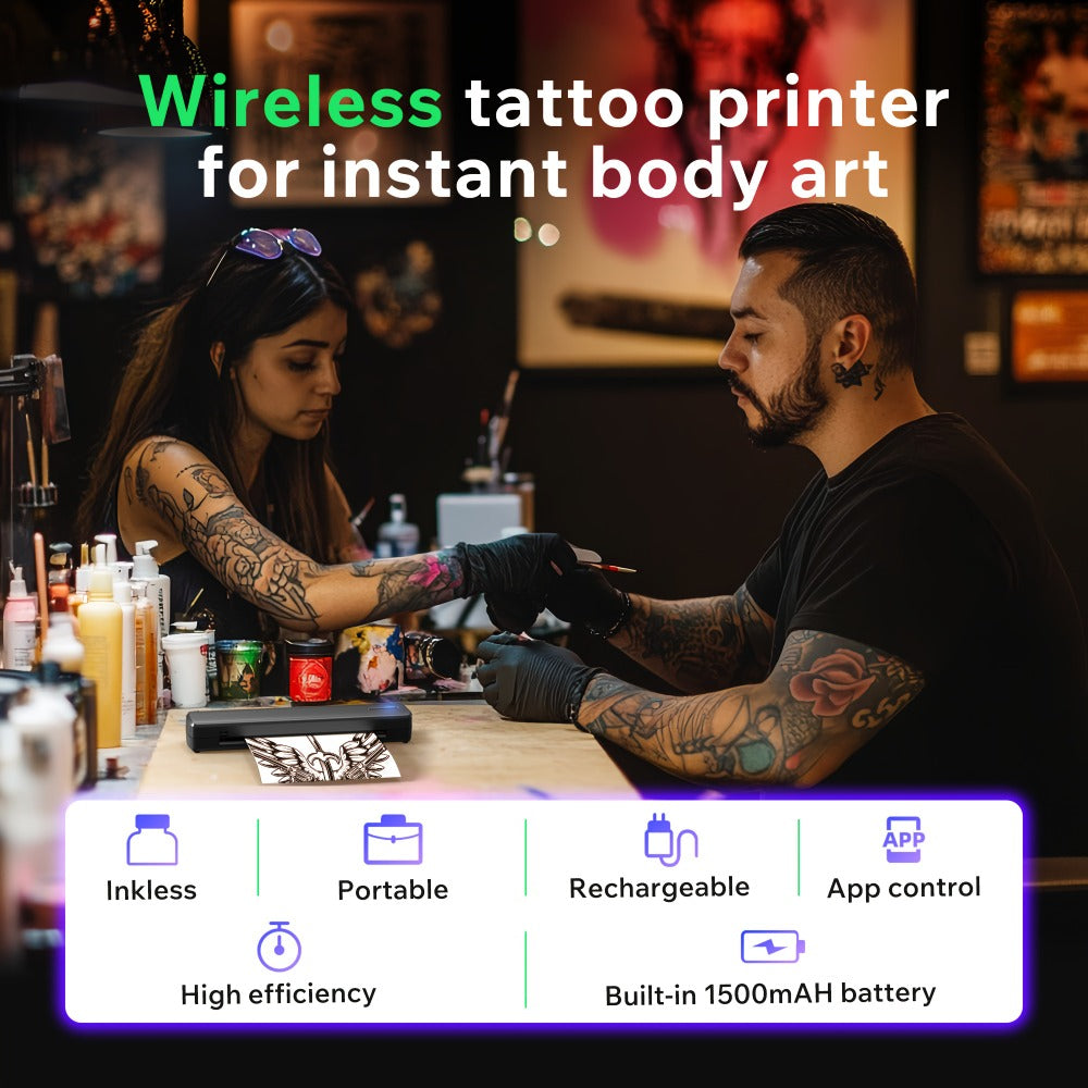 D810B Portable Inkless Thermal Printer A4 & US Letter – Wireless & USB, iOS & Android Compatible, Travel & Office Printer, Tattoo Stencil Printer, 20 Sheets Included