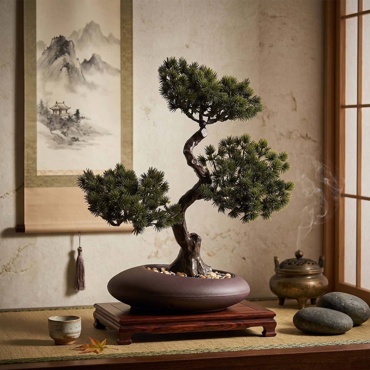 1pc Artificial Pine Bonsai Ornament, Simulation Welcome Pine Fake Plant in Matte Dark Brown Pot, Retro Curved Trunk Faux Greenery, Tabletop Desktop Decor for Shop Front Desk & Home Decor