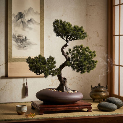 1pc Artificial Pine Bonsai Ornament, Simulation Welcome Pine Fake Plant in Matte Dark Brown Pot, Retro Curved Trunk Faux Greenery, Tabletop Desktop Decor for Shop Front Desk & Home Decor