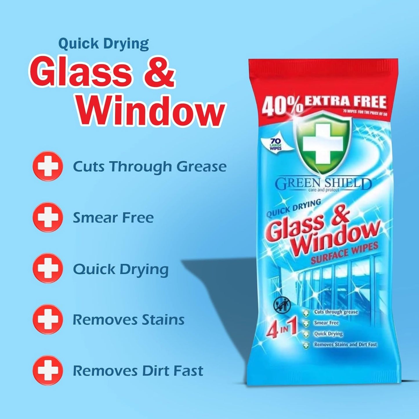 6 Pack Green Shield Quick Drying Glass & Window Surface Wipes, 70 Wipes Each