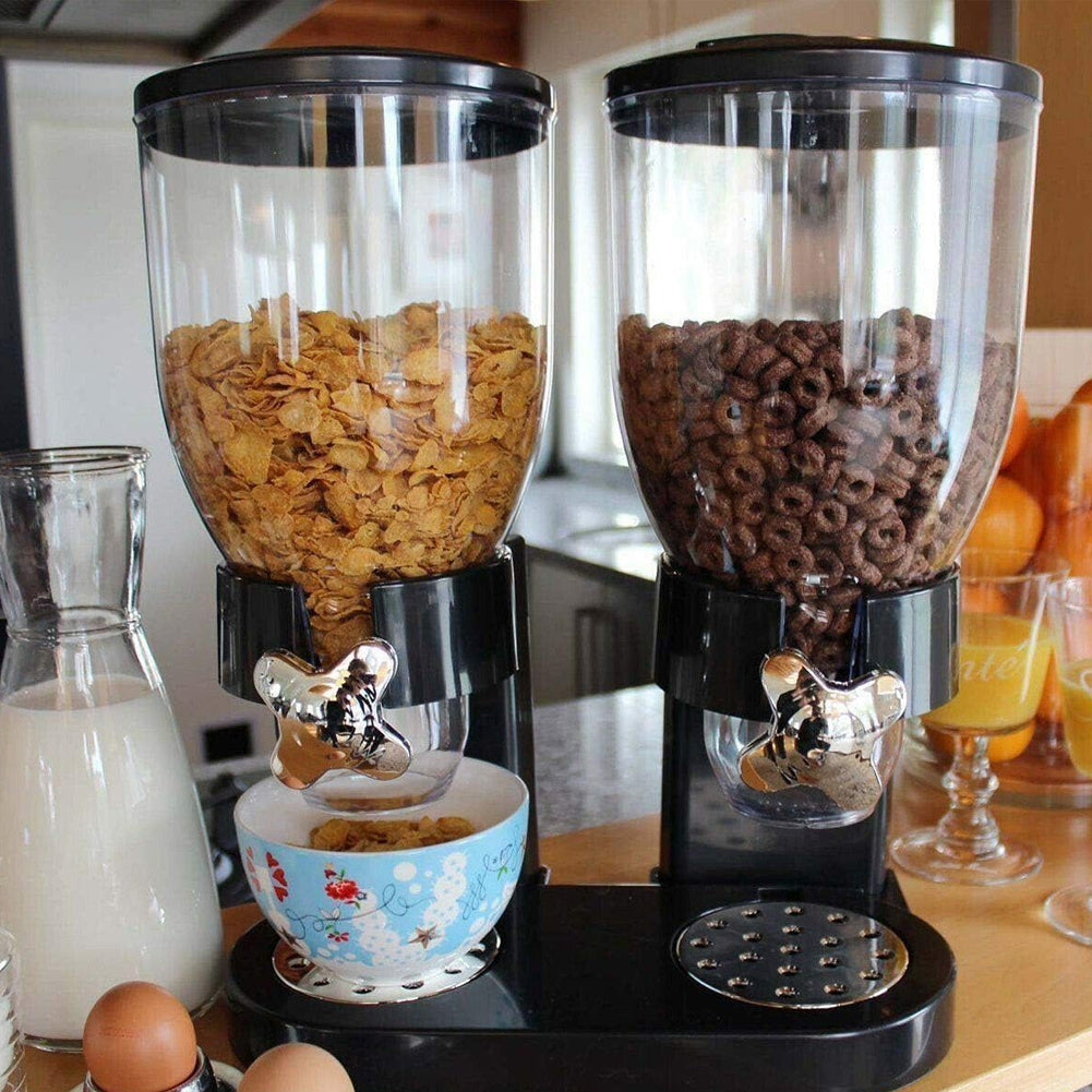 Black Plastic Dual-Chamber Grain Dispenser, Kitchen Oats and Snacks Storage Container, Breakfast Cereal Dispenser, 4L Large Capacity