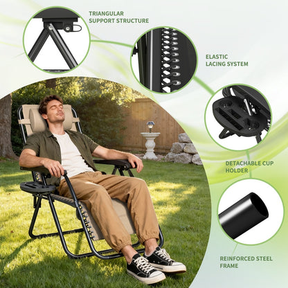 Zero Gravity Chair Foldable Reclining Outdoor Patio Lounge Chair with Padded Pillow Armrest Footrest Cup Holder Textilene Fabric Camping Garden Sunlounger Set of 1 or 2
