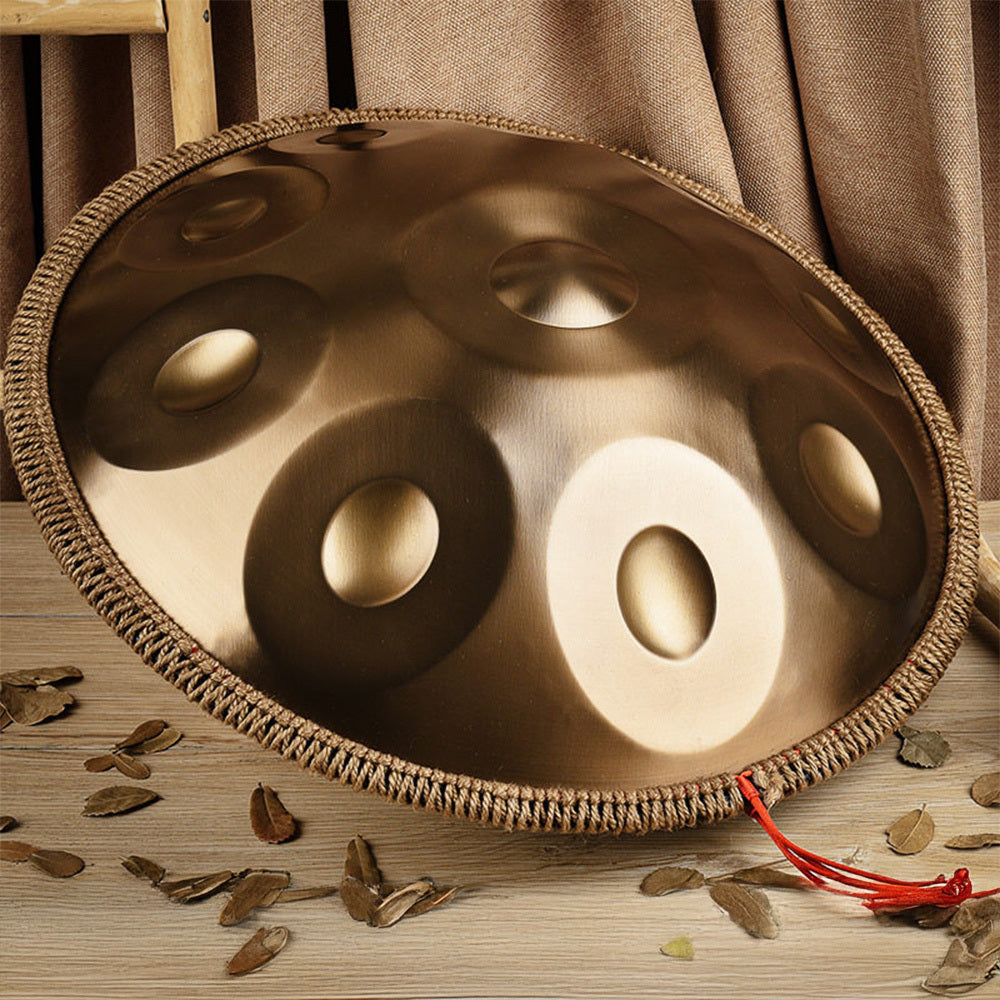 440Hz D minor Stainless Steel Handpan Drum or Sound Healing and Meditation 9-Tone Deep Golden with Carry Bag, Stand, 2 Hand Mallets, Music Note Stickers, Wiping Cloth