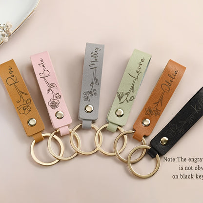 [Custom Leather Keychain] Personalized Leather Keychain - Custom Birth Flower Key Ring, Name Keychain, Bag Tag - Ideal for Women, Anniversary, Bridesmaid Gifts - Single