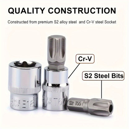 34-Piece E-Torx Star Socket Set Chrome Vanadium Steel with Mirror Chrome Finish – Torx Bits T10-T60, E-Type Sockets E4-E20 & Bit Holder for Automotive, Mechanical & DIY Use
