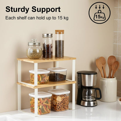 Spice Rack, Set of 2 Cupboard Shelf Organiser, Expandable Kitchen Shelf Organiser, Stackable Spice Holder,Multipurpose Storage for Spices, Dishes, Countertop Expansion