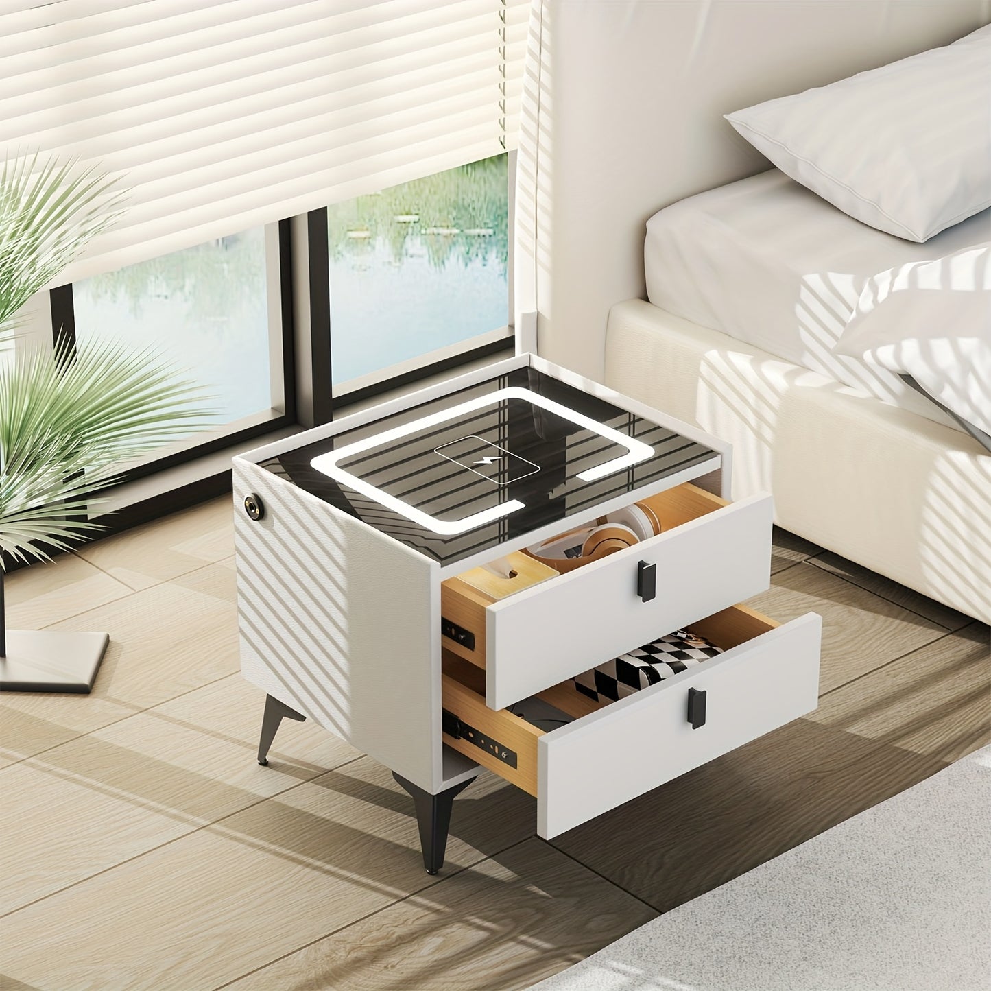 LED Bedside Table, Bedside Cabinet Side Table with 2 Drawer, End Tables for Bedroom, Nightstand