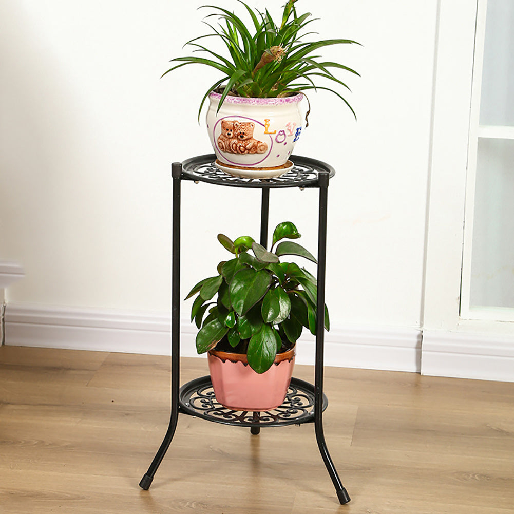 1PC Black Balcony Flowerpot Rack, 2-story Metal Plant Display Rack, Circular Display Base for Office and Living Room, Size 23*23*56cm