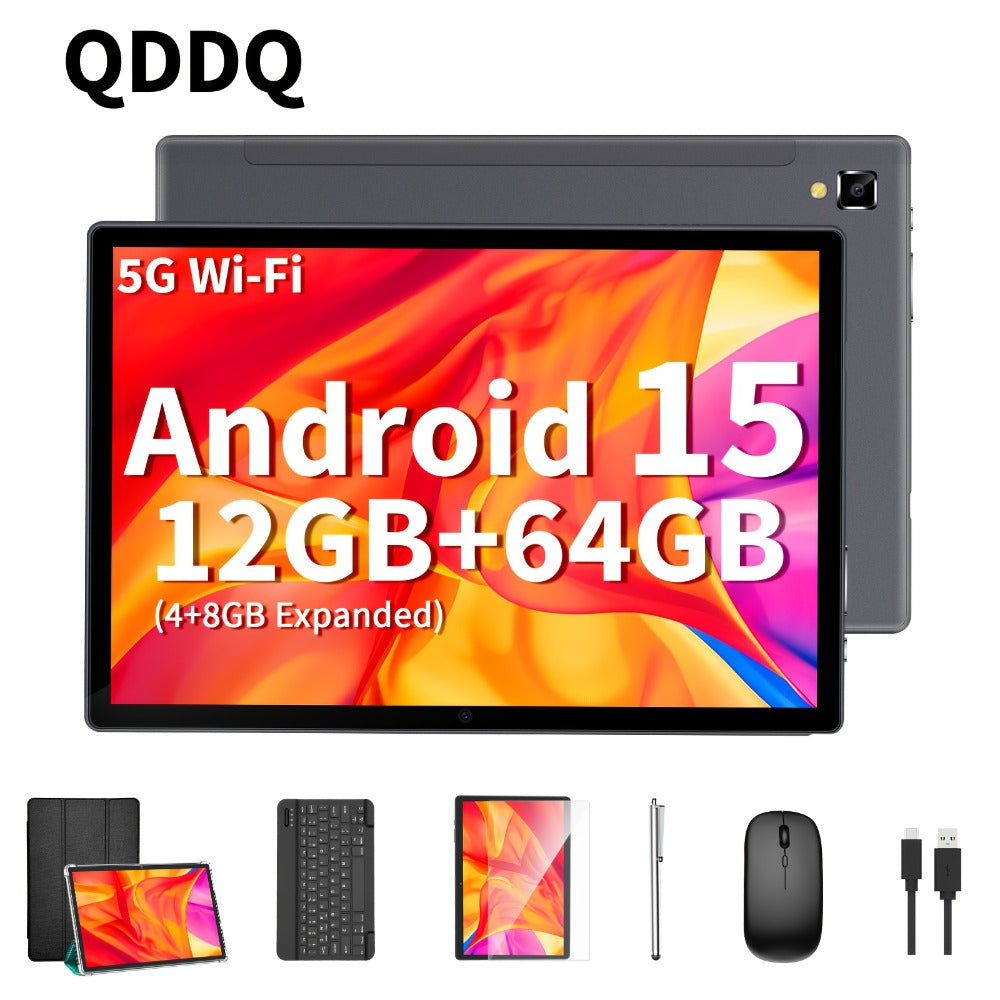 QDDQ Android 15 Tablet 10.1 Inch with Keyboard Wireless Mouse Case Stylus 26GB RAM 256GB or 12GB RAM 64GB ROM LED Screen Gaming WiFi USB-C