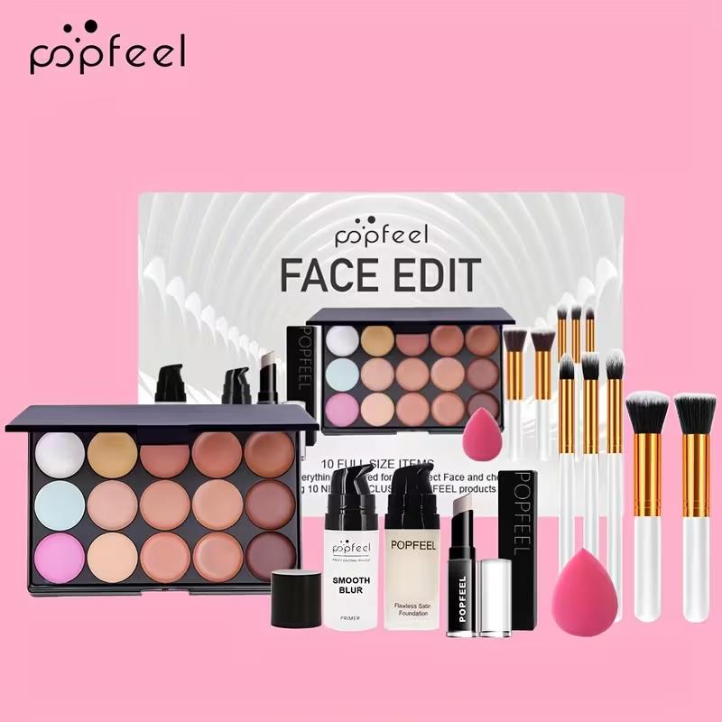 POPFEEL Full Face Makeup Kit, includes facial editing palette - waterproof, sweatproof, long-lasting full coverage, 12-in-1 multi-functional palette containing primer, foundation, concealer, setting powder, blush, contour, highlighter, bronzer, eyeshadow,
