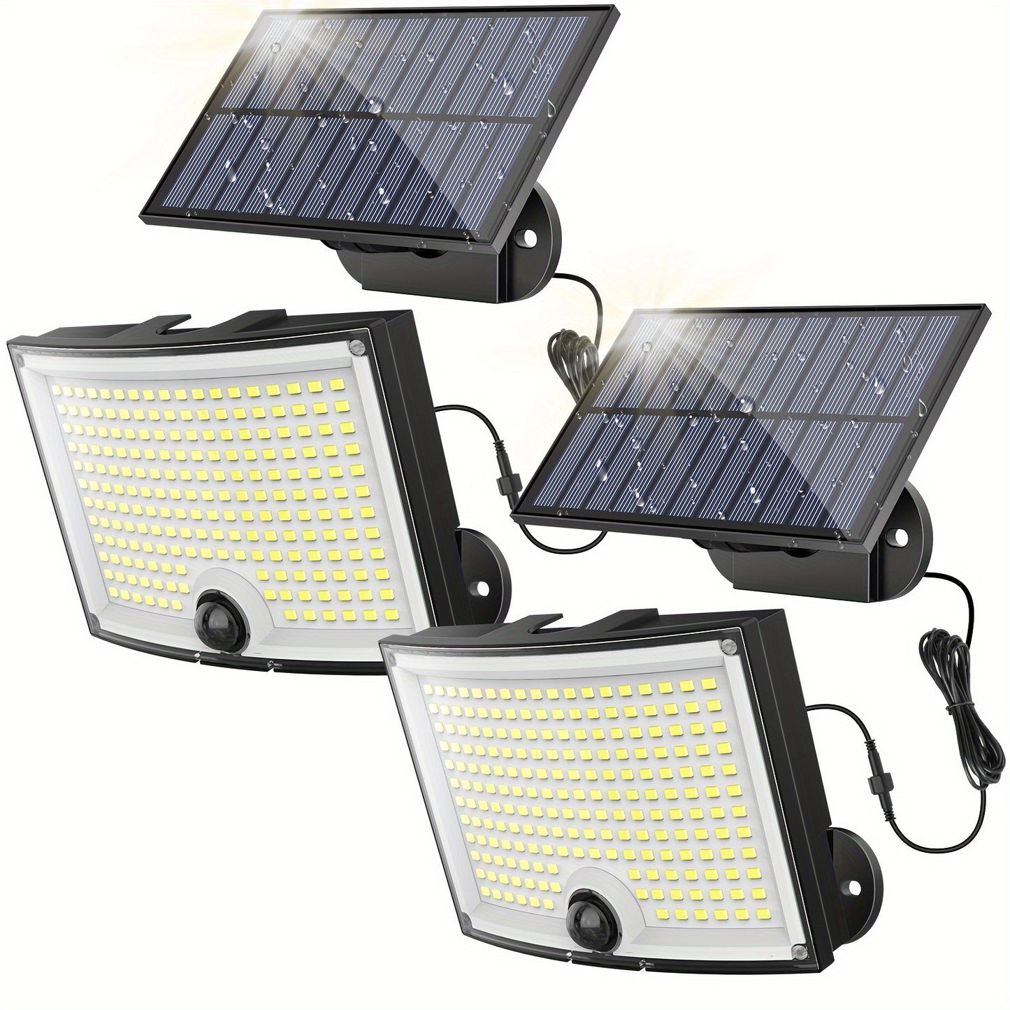 2-Pack, Outdoor Solar Lights, 202 LED Solar Outdoor Lights with Motion Sensor, 120° Lighting Angle, Garden Solar Wall Sconce with 5.0meter Cable