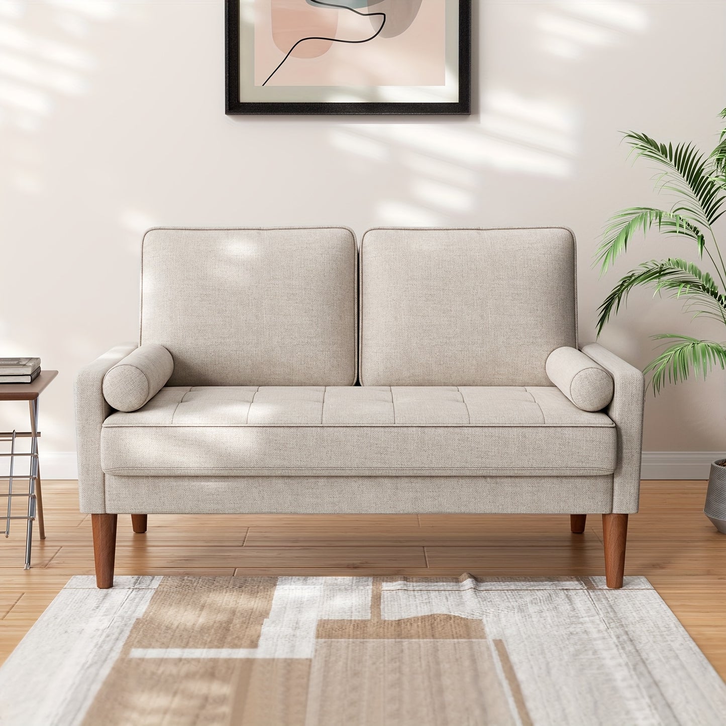 [Modern Linen Sofa] Comfy Modern Linen Sofa with Spring Cushion | Small 2 Seater for Living Room, Bedroom, Office - Love Seat with Armrests in Ashbeige