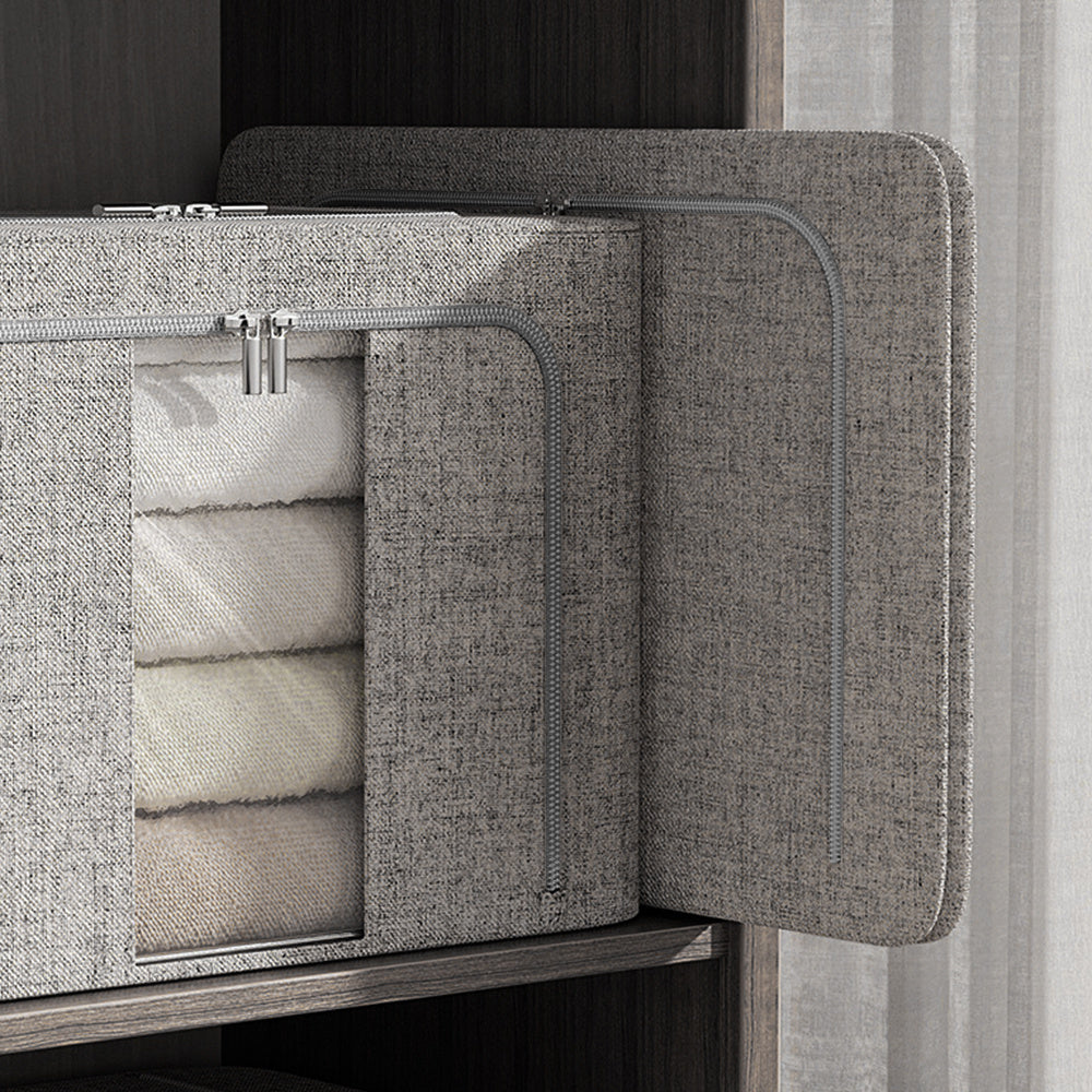 66L Foldable Storage Box with Clear Windows - Extra Thick Cotton Linen Fabric Organizer Bins | Space-Saving Stackable Design for Clothes, Blankets & Bedding Storage (Zipper Closure, Wardrobe Essential)