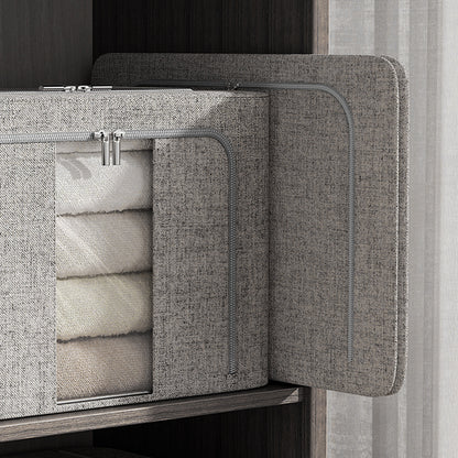 66L Foldable Storage Box with Clear Windows - Extra Thick Cotton Linen Fabric Organizer Bins | Space-Saving Stackable Design for Clothes, Blankets & Bedding Storage (Zipper Closure, Wardrobe Essential)