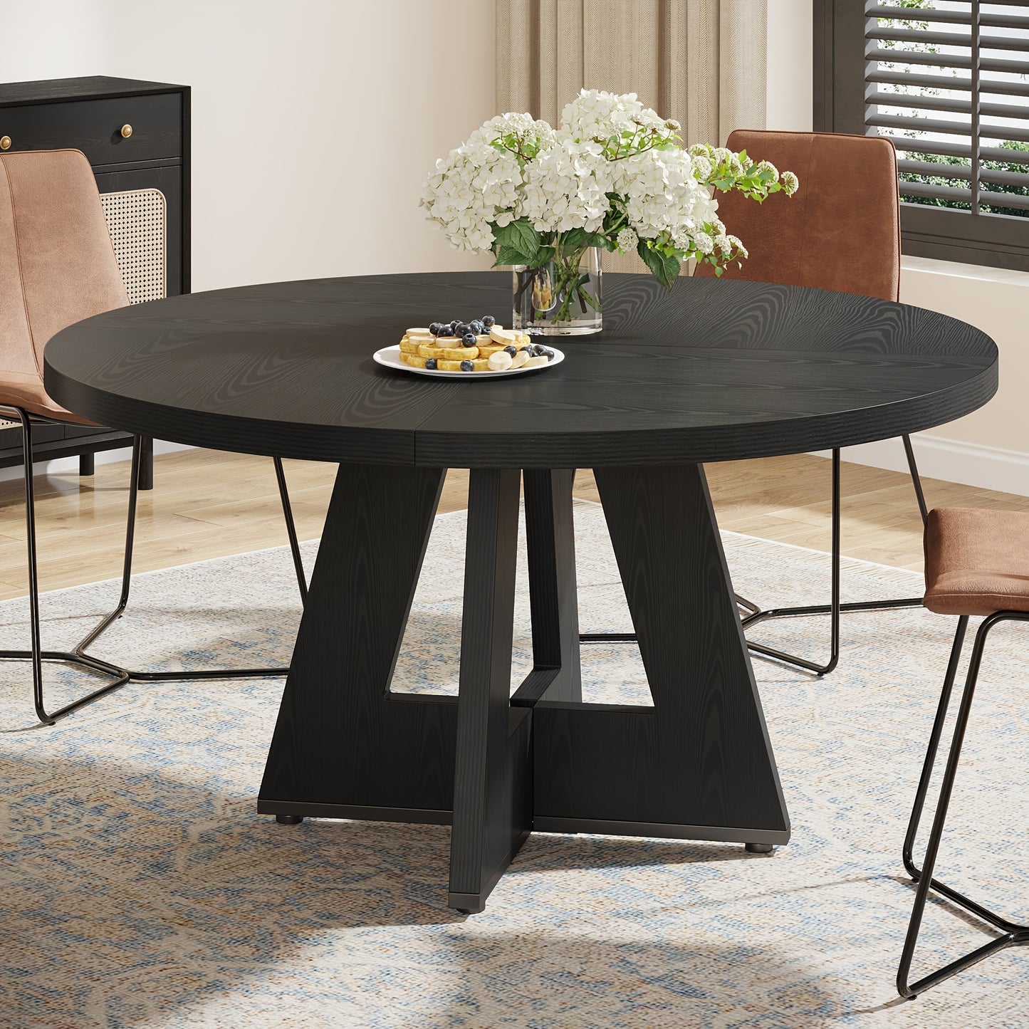 Round Dining Table, Retro Base & Engineered Wood Tabletop, Multi-Functional for Dining Room Conference Desk Office Desk, Suitable for 4 People, 47 Inch, Space-Saving for Small Homes, Assembly