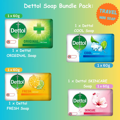 Dettol 4 Pack Soap Bars (Original, Skincare, Cool and Fresh) 60g Each