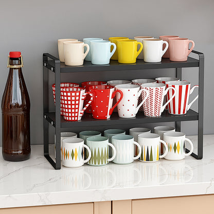 Multi-Tier Storage Rack, Mug Shelves for Desks, Black/White/Natural Wooden and Metal Countertop Organizer Shelf, Display Rack, Perfect for Dormitories Home Office Kitchen Bathroom