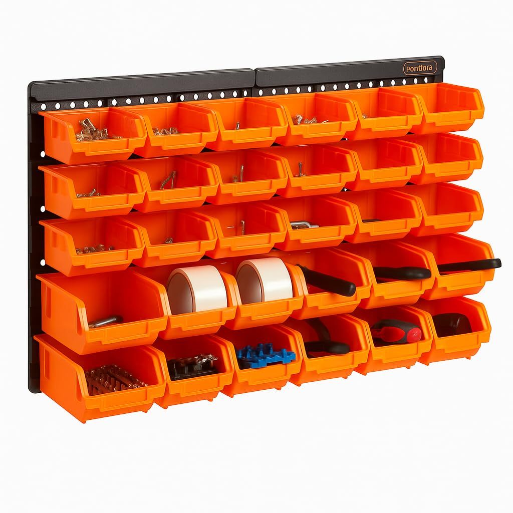 32PC Heavy-Duty Wall Mounted Storage Bins Set Wall Mounted Garage Storage Kit Garage Tool Organizer Rack System for Screws, Nuts, Bolts, Nails, Beads & Small Hardware with Easy Installation and Durable Plastic Pegboard