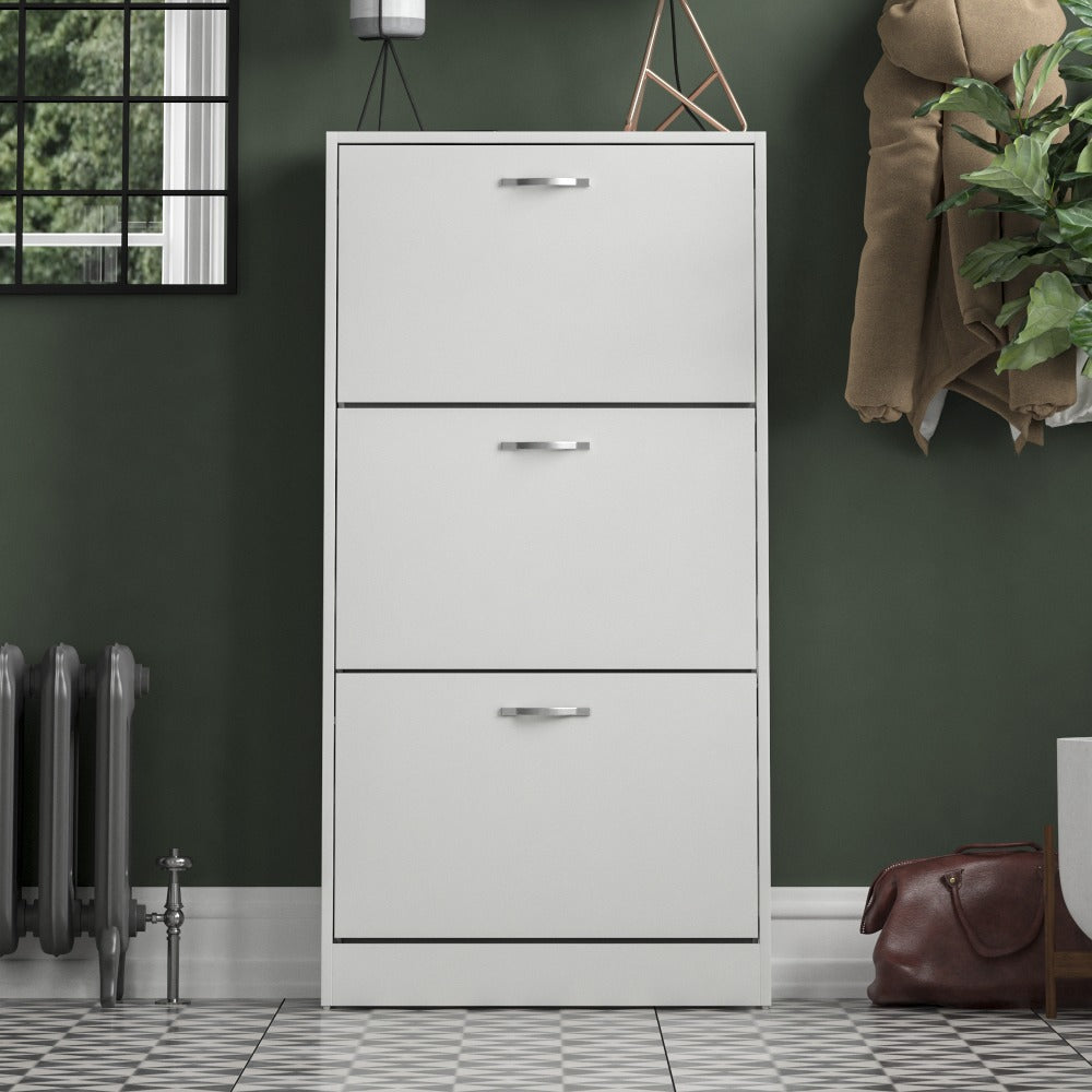 3 Drawer Shoe Cabinet with Stainless Steel Handles – Hallway Shoe Storage Cupboard, Holds 9–12 Pairs, Modern Slim Shoe Rack for Entryway Bedroom